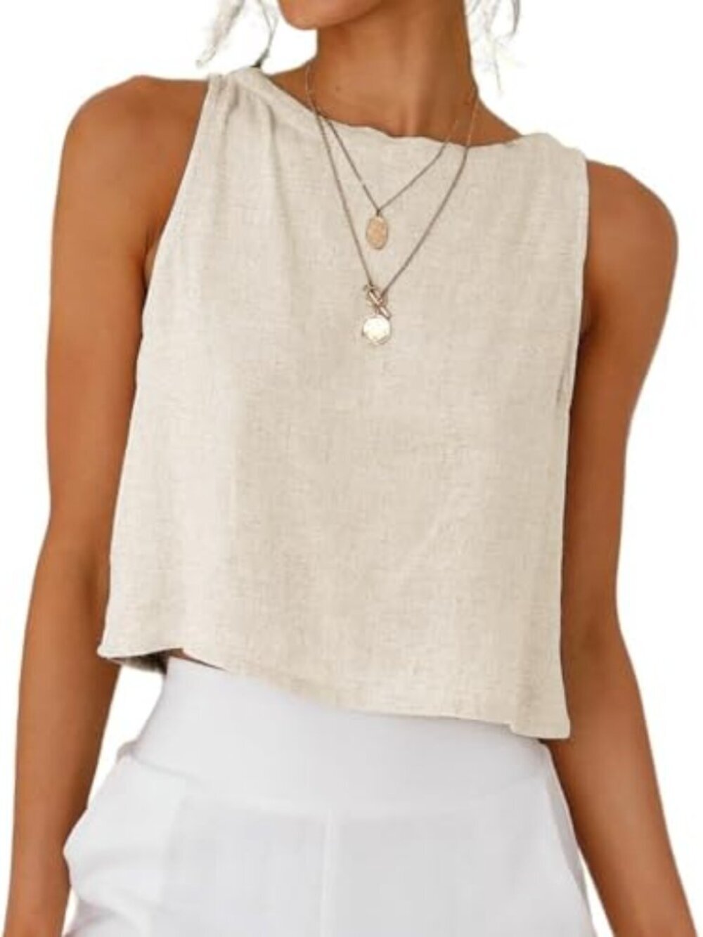 🆕 Womens Tank Tops Loose Linen Blend Crop Blouse with Back Buttons XS-XL New
